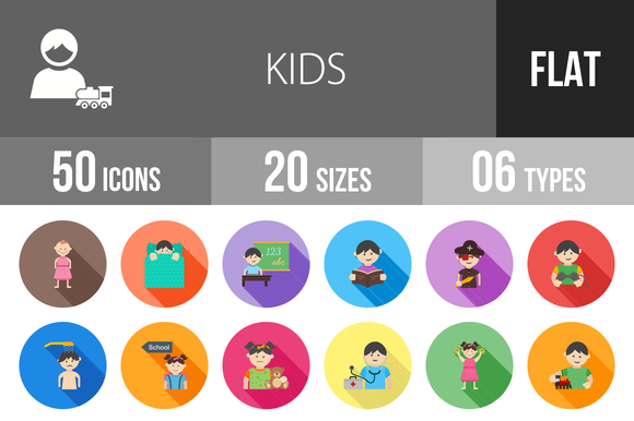 50 Kids Flat Shadowed Icons