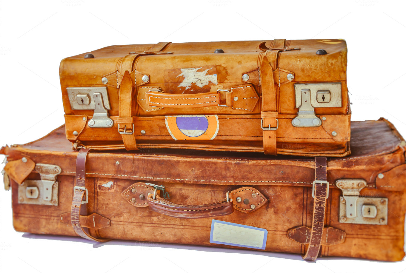 Two stacked old leather suitcases Photos on Creative Market