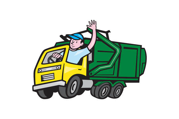 Garbage Truck Driver Waving Cartoon Illustrations on