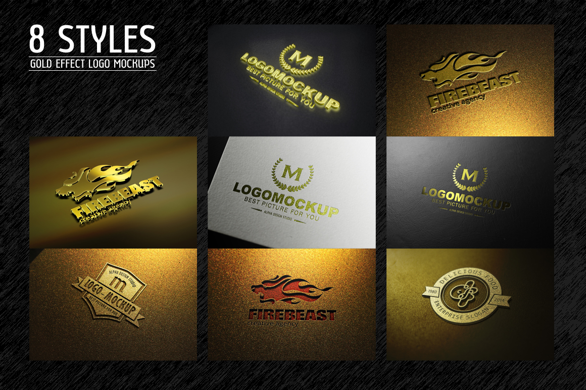 Download 8 Styles Gold Effect Logo Mock-ups ~ Product Mockups on Creative Market