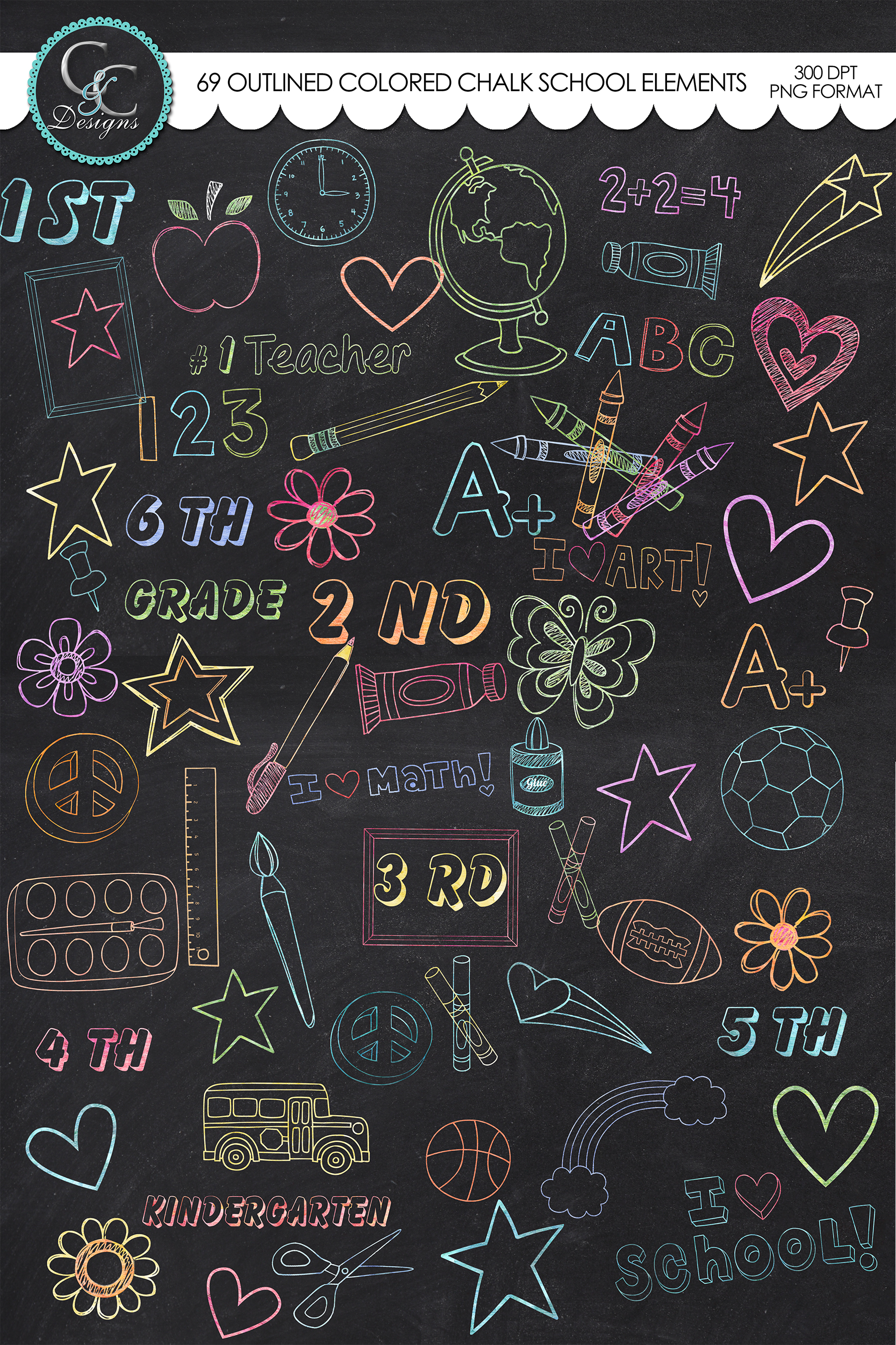 155 Colored Chalk School Elements Objects on Creative Market