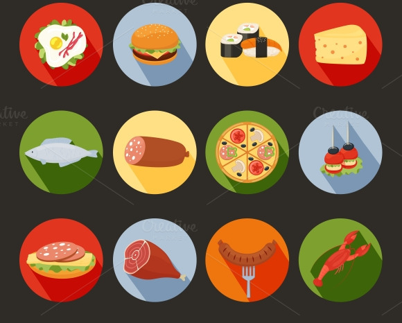 Food Icons On Colorful Rounds Food Icons On Colorful Rounds