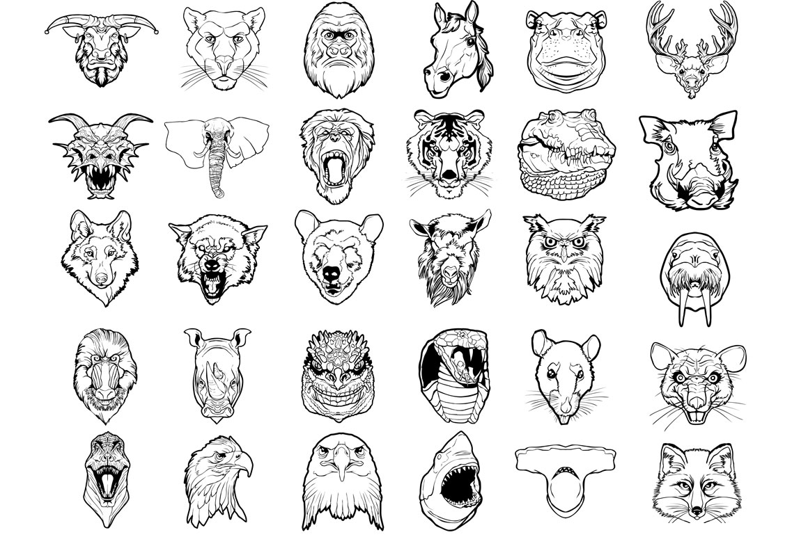 Hand Drawn Animal Heads Illustrations on Creative Market