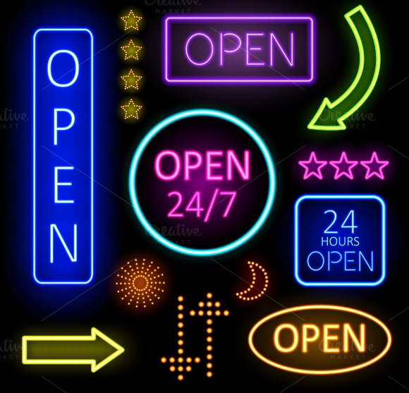 Glowing Neon Lights for Open Signs ~ Icons on Creative Market