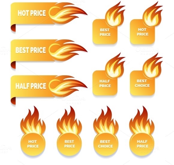 Gold Price And Sale Icons With Flame Gold Price And Sale Icons With Flame