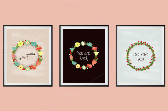 3 Flower Wreath Posters