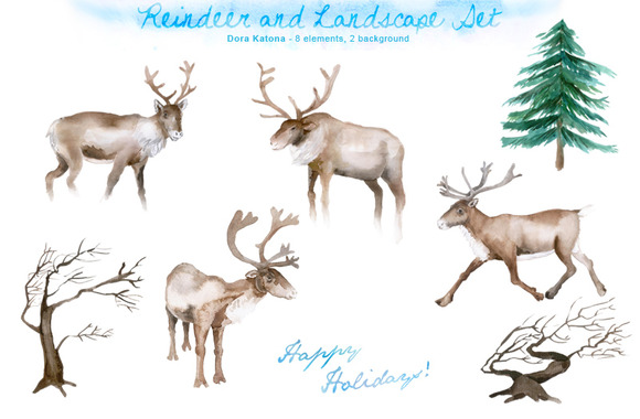 Watercolor Reindeer Christmas Set