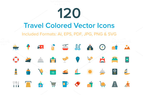 120 Travel Colored Vector Icons
