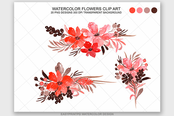 Red Watercolor Valentine Flowers