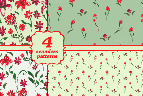 Set Of Four Seamless Floral Patterns