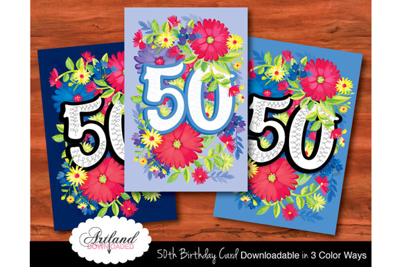 50th Birthday Card Colorful Flowers