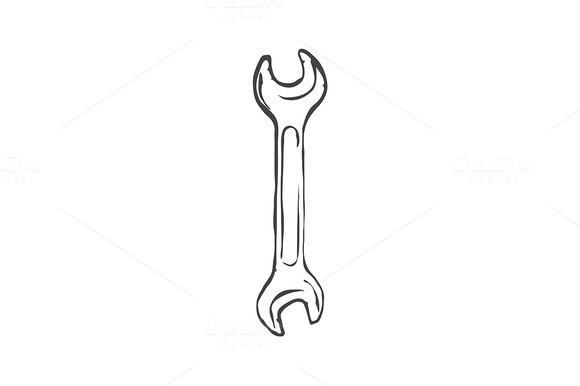Hand drawn wrench isolated on white ~ Objects on Creative Market