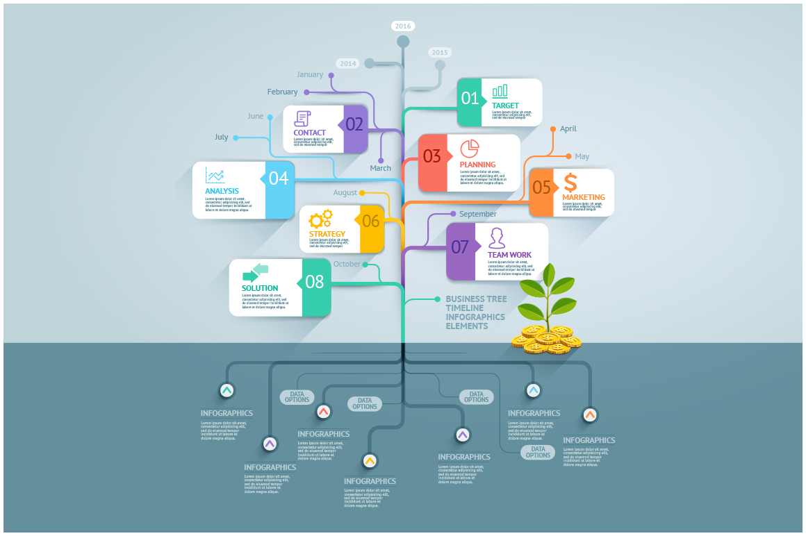 Business Tree Timeline Infographics Presentation Templates On Creative Market Family Tree Template Info Graphics