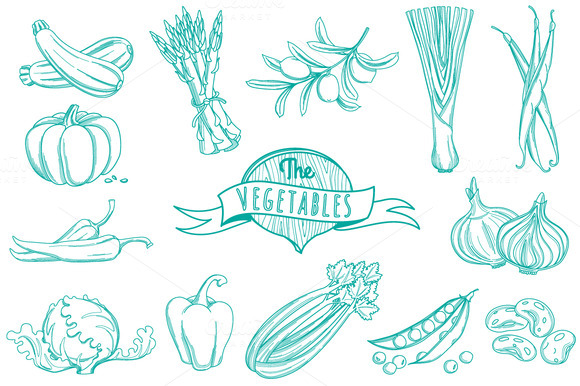 25 Outline hand drawn vegetable set ~ Illustrations on Creative Market