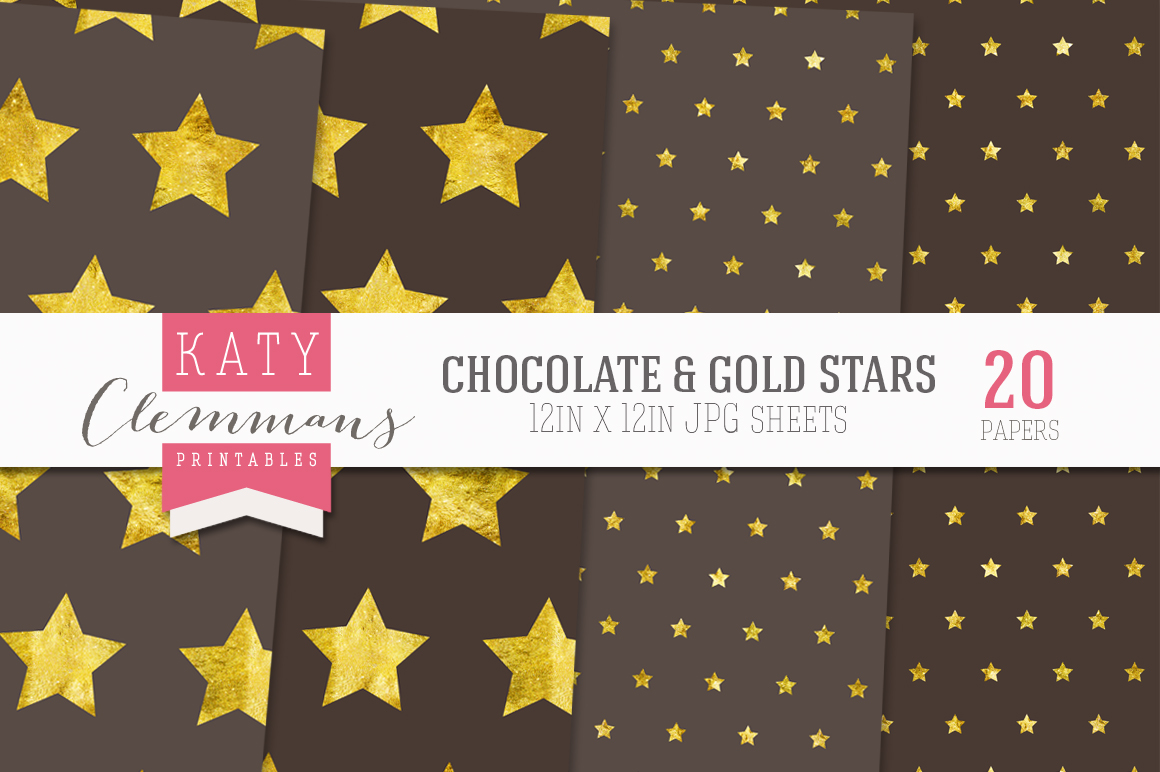 Chocolate & Gold stars paper pack Patterns on Creative Market