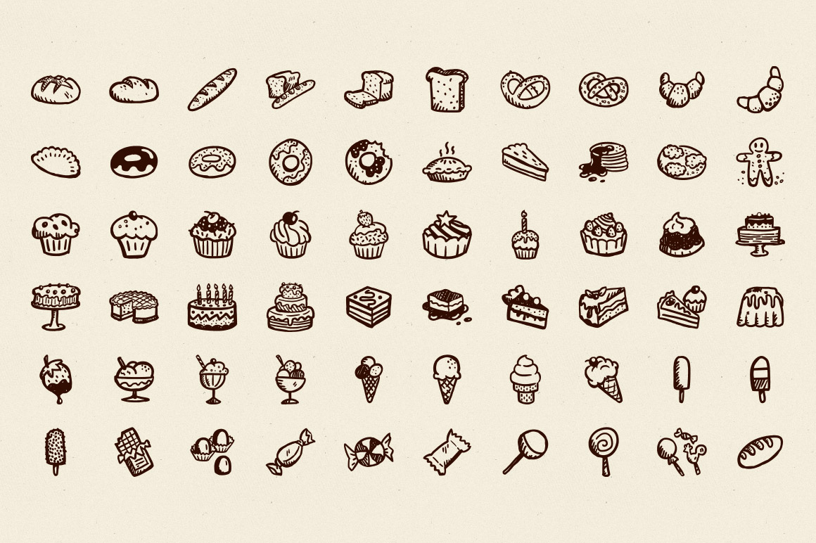 60 Hand-Drawn Desserts Icons ~ Icons on Creative Market