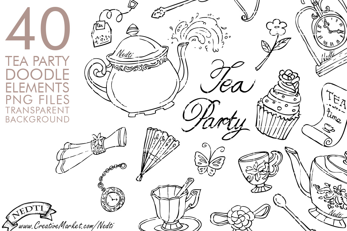 Tea Party Doodle Hand Drawn PNG Illustrations on Creative Market