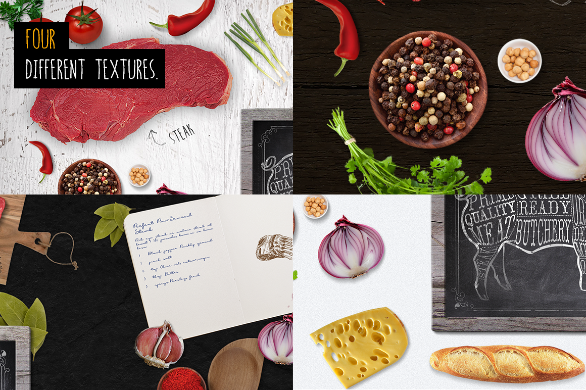 Food on table scene Mock Up Product Mockups on Creative