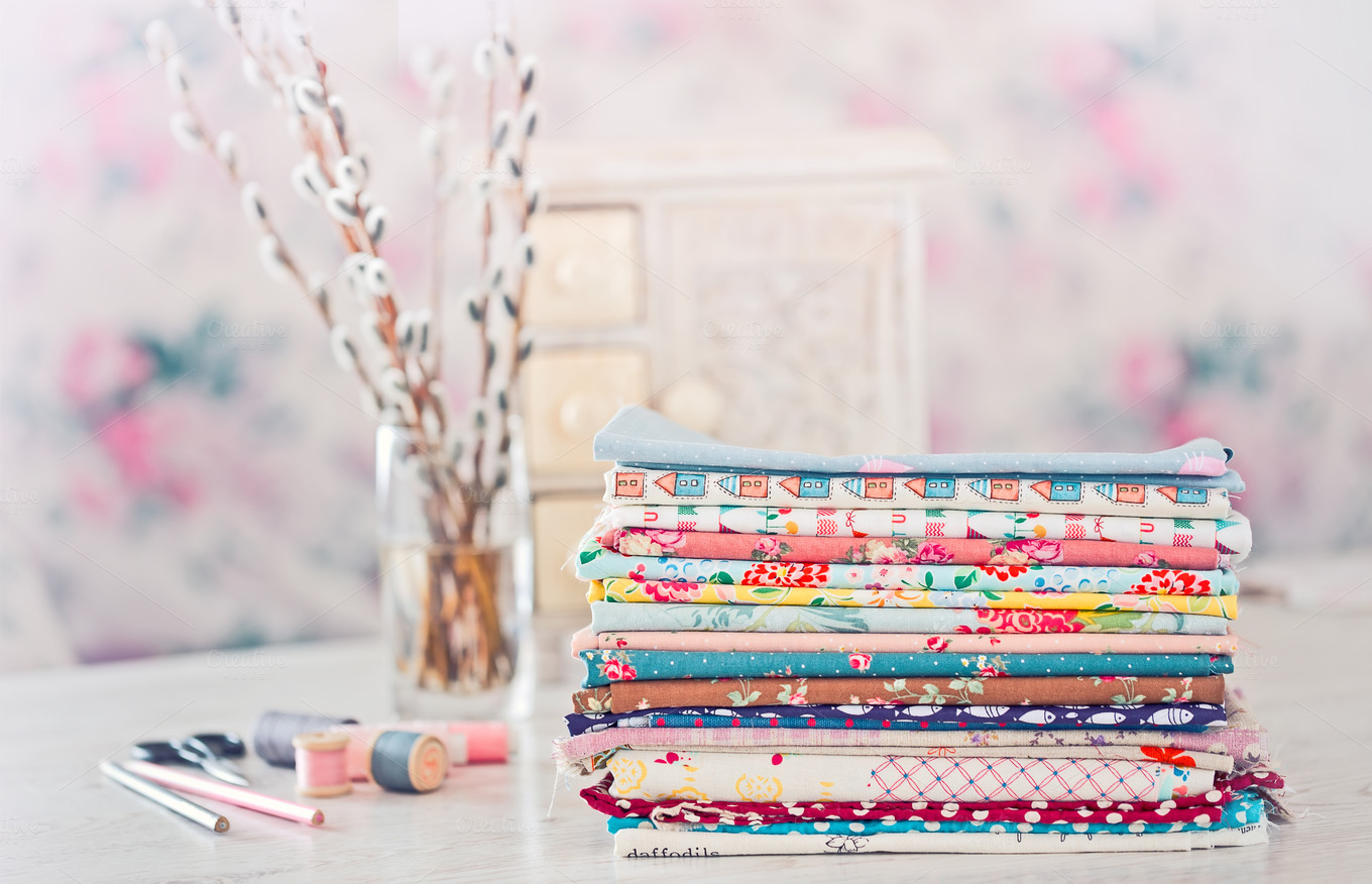 Pile Of Fabrics Arts Entertainment Photos On Creative Market