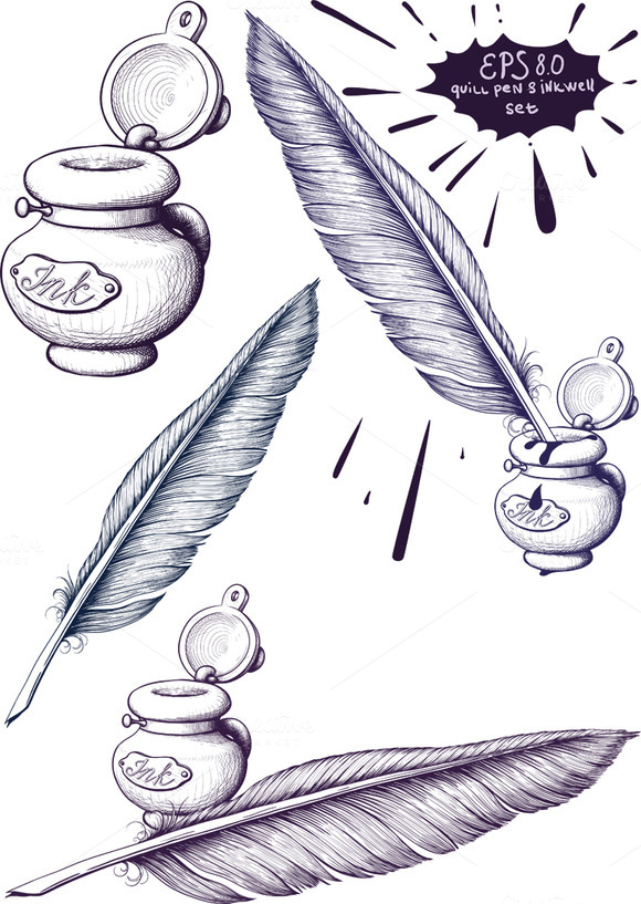 quill pen and inkwell set Illustrations on Creative Market