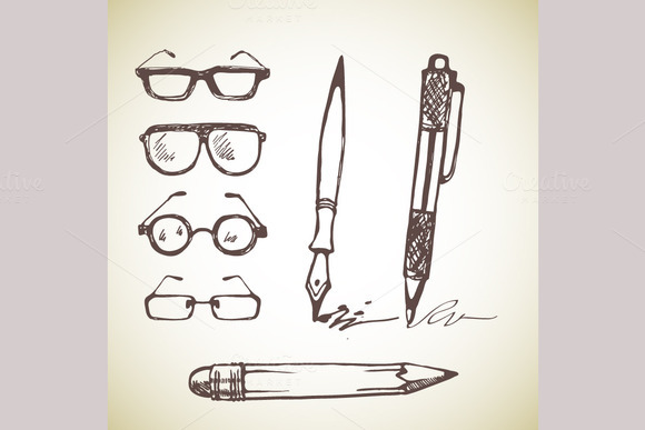 Set Of Hand Drawn Pens And Glasses Set Of Hand Drawn Pens And Glasses