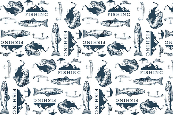 Pattern with trout fishing emblems ~ Patterns on Creative Market