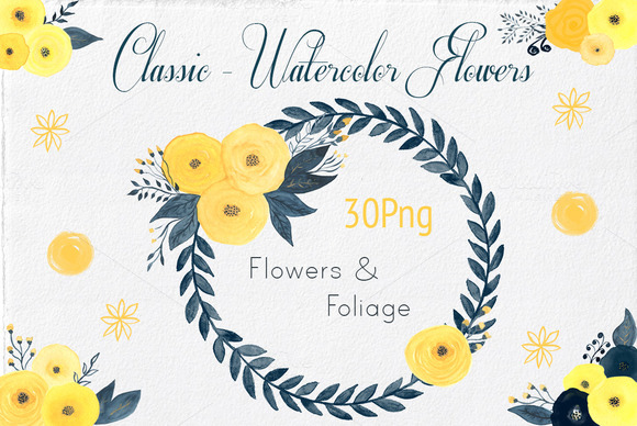 30 Watercolor Flowers Foliages