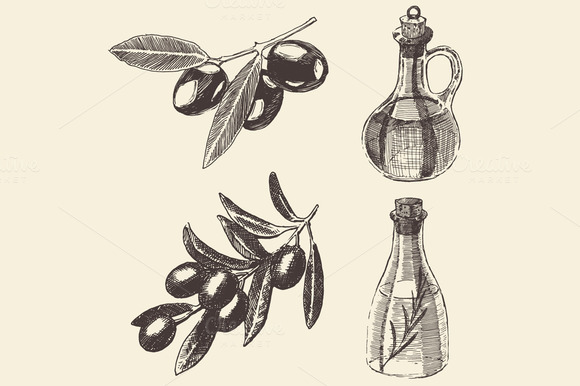 Olive Branches And Olive Oil Bottles Olive Branches And Olive Oil Bottles