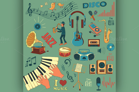 Colored Hand Draw Music Icon Set Colored Hand Draw Music Icon Set