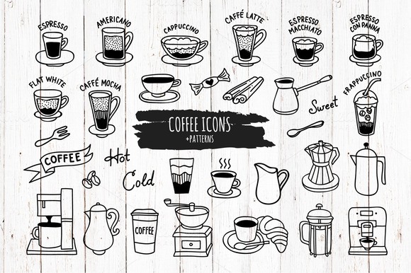 Hand Drawn Coffee Icons And Patterns Hand Drawn Coffee Icons And Patterns