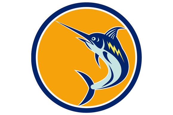 Blue Marlin Fish Jumping Circle Retr Blue Marlin Fish Jumping Circle Retr
