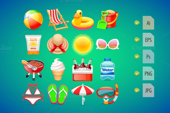 Colorful Summer Icons Set