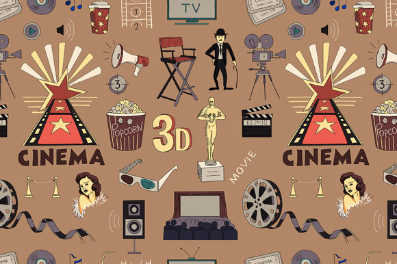 Colored Hand Drawn Cinema Pattern Colored Hand Drawn Cinema Pattern