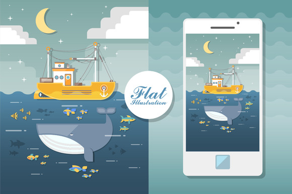Vector Seascape With Boat And Fishes Vector Seascape With Boat And Fishes