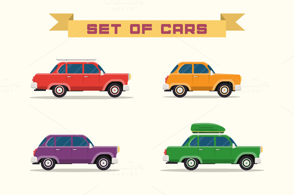 Set With Vintage Cars Flat Style Set With Vintage Cars Flat Style