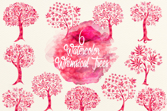 Watercolor Cherry Red Whimsical Tree Watercolor Cherry Red Whimsical Tree