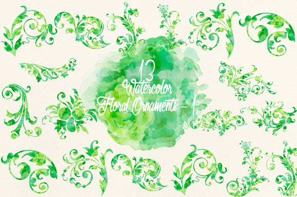 Watercolor Green Floral Ornaments Watercolor Green Floral Ornaments