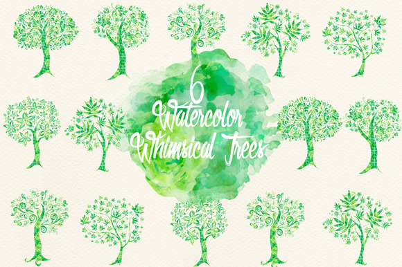 Watercolor Green Whimsical Trees Watercolor Green Whimsical Trees