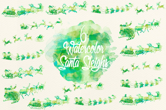 Watercolor Green Santa Sleighs