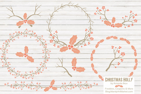 Peach Christmas Holly Vectors Peach Christmas Holly Vectors