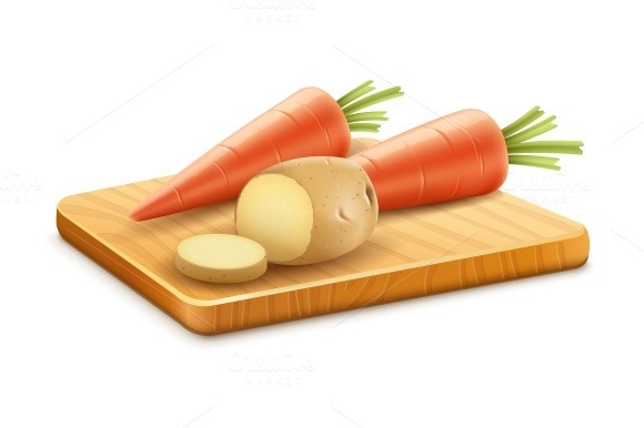 Organic Vegetables Carrots Potatoes Cut On Wooden Board Organic Vegetables Carrots Potatoes Cut On Wooden Board