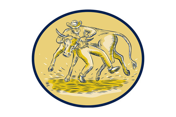 Rodeo Cowboy Steer Wrestling Bull Ov Rodeo Cowboy Steer Wrestling Bull Ov