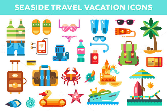 Seaside Travel Vacation Icons Set Seaside Travel Vacation Icons Set
