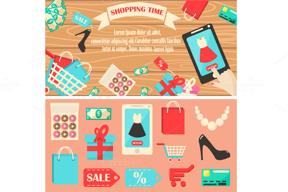 Shopping Time Banner With Icons Shopping Time Banner With Icons