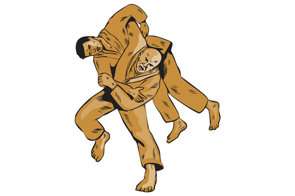 Judo Combatants Throw Front Etching
