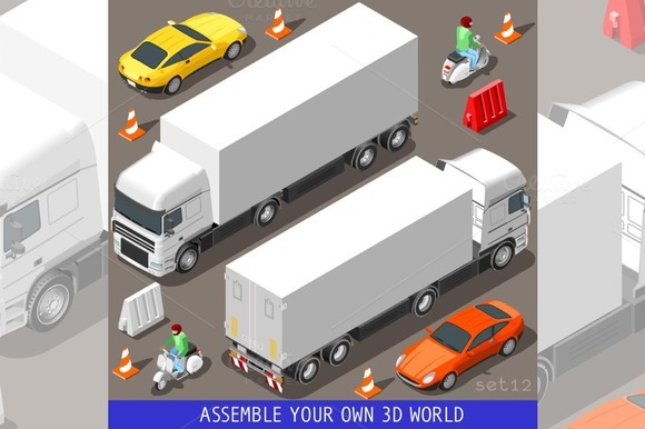 Flat 3D Vehicle Vespa Truck Set Flat 3D Vehicle Vespa Truck Set