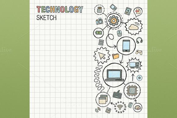 Technology Hand Draw Icons On Paper Technology Hand Draw Icons On Paper