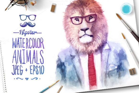 Watercolor Hipster Animals Lion Watercolor Hipster Animals Lion