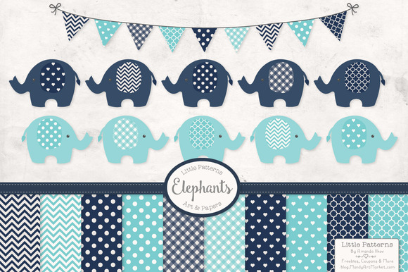 Blue Elephant Clip Art and Patterns ~ Illustrations on ...