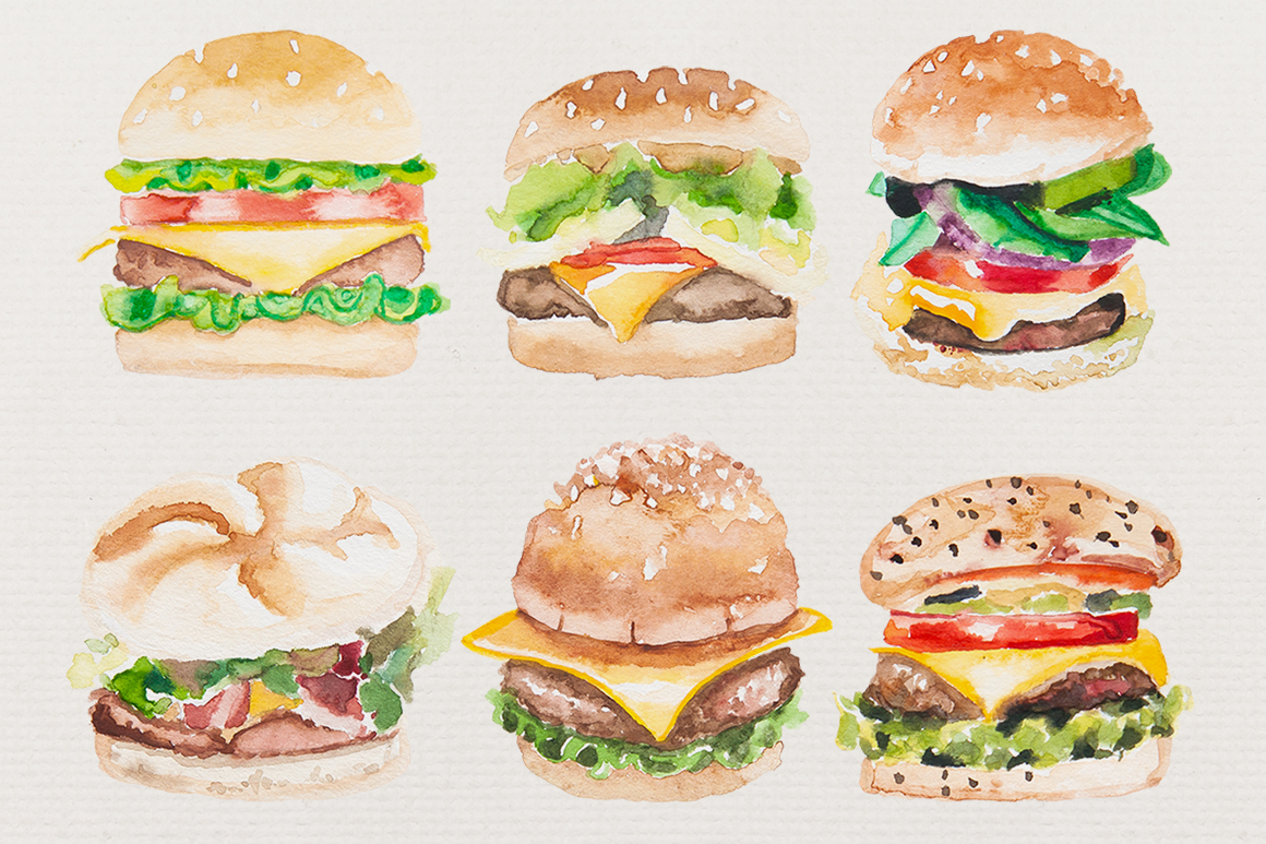 6 Watercolor Burgers ~ Illustrations On Creative Market